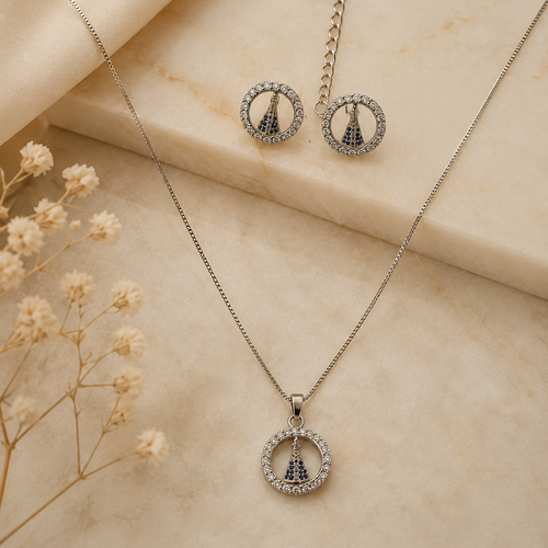 Conjunto Nossa Senhora Aparecida Ródio Branco Zircônias Azuis
