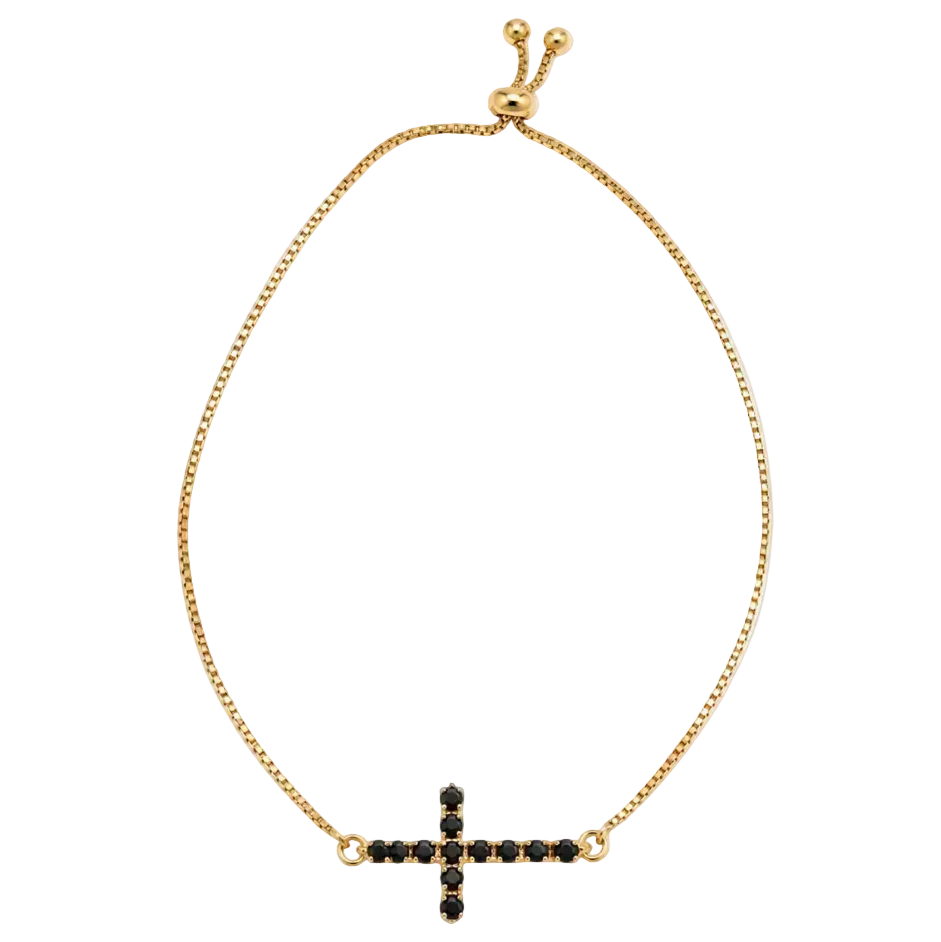 Pulseira Crucifixo Zircônia Preta Dourada