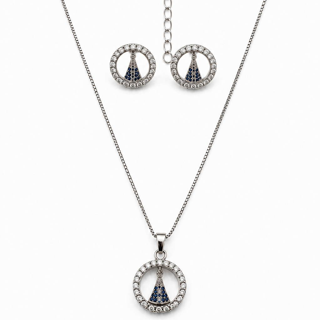 Conjunto Nossa Senhora Aparecida Ródio Branco Zircônias Azuis