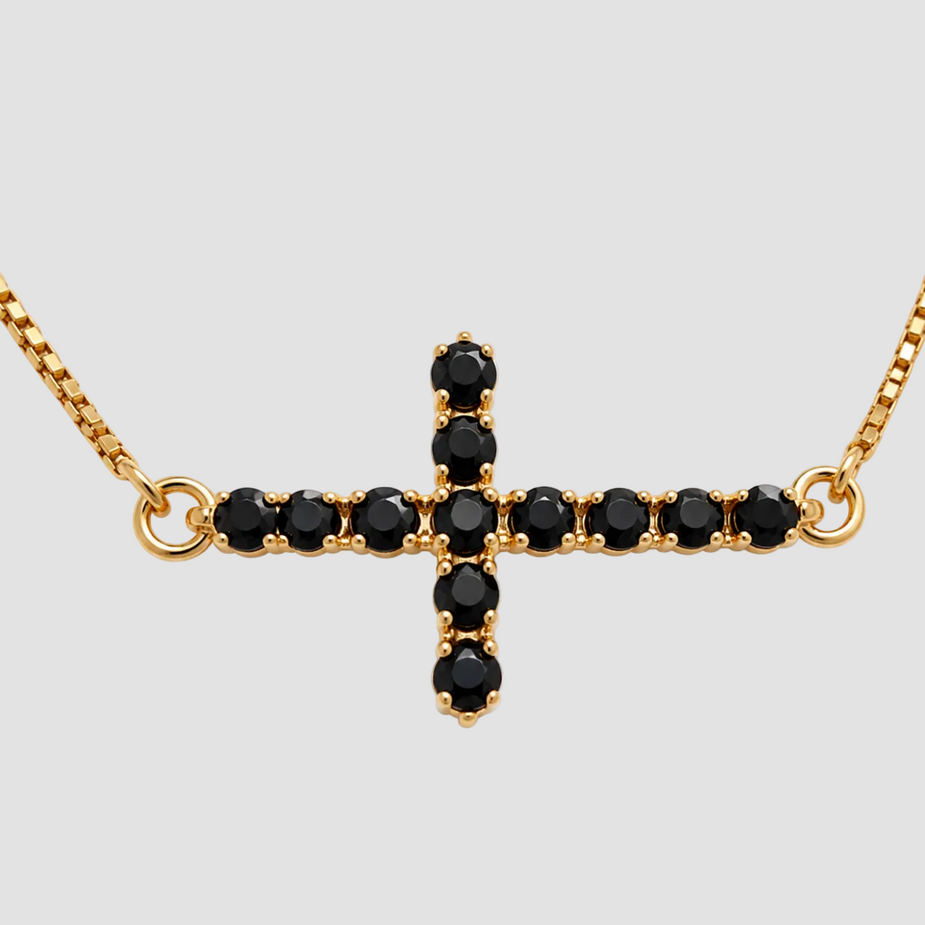 Pulseira Crucifixo Zircônia Preta Dourada