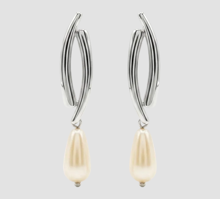 Brinco pérola gota Ródio Branco