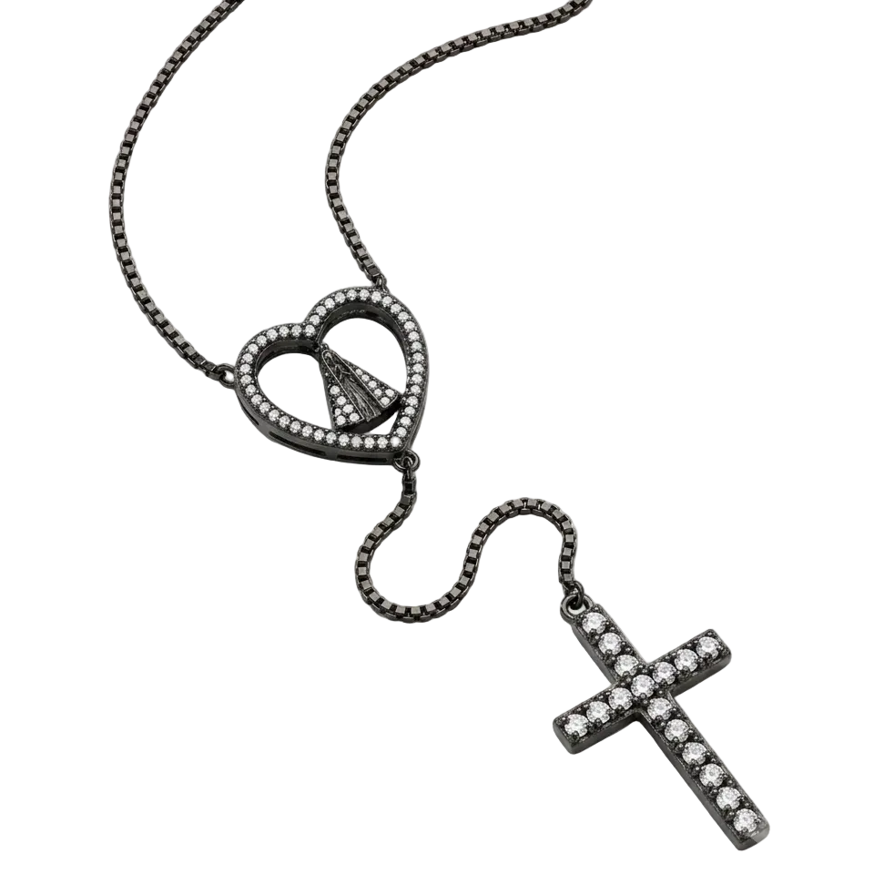 Gargantilha Nossa Senhora Aparecida Zircônias Ródio Negro